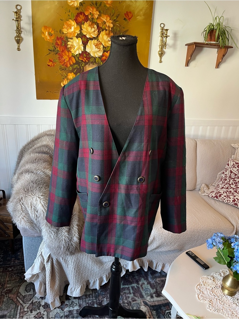 Women’s Vintage Plaid Green & Burgundy Blazer - Size XL